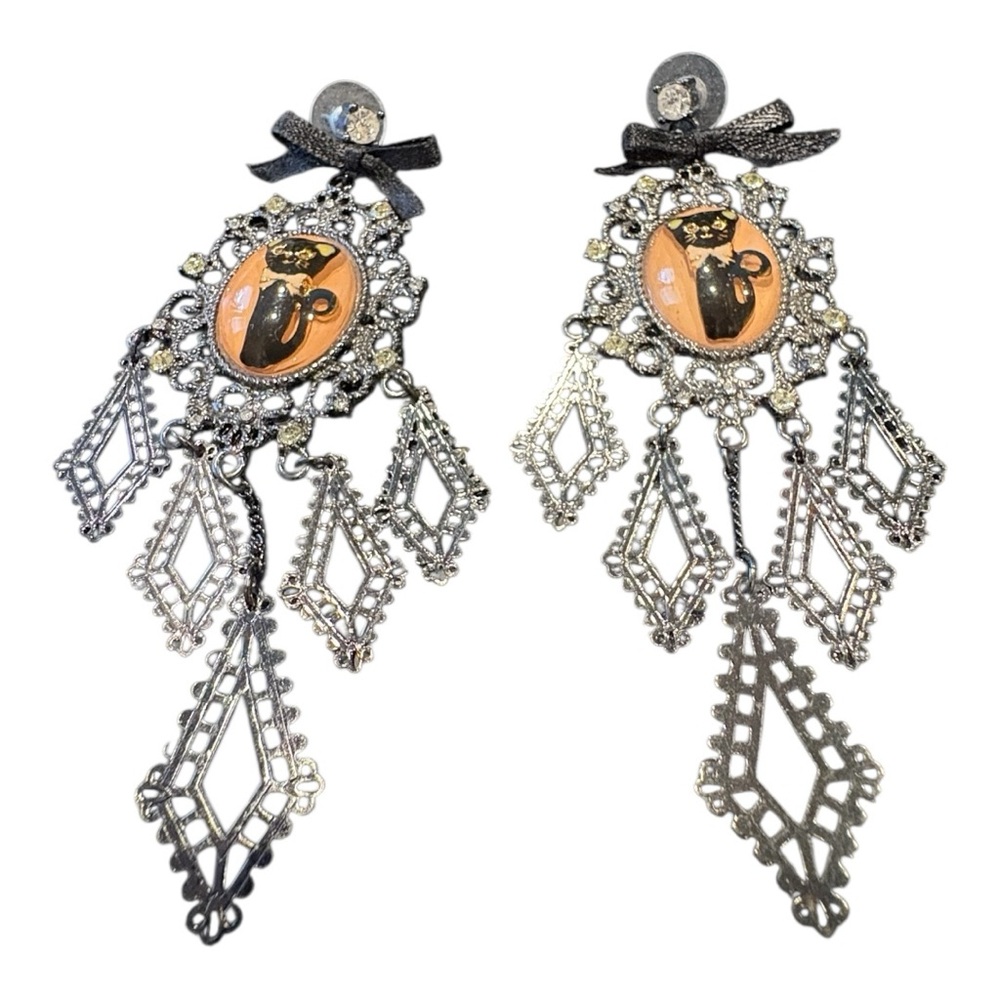 Betsey Johnson “Cameo Critters” Cat Cameo Earrings & Ring Set Vintage J13 - Picture 8 of 9